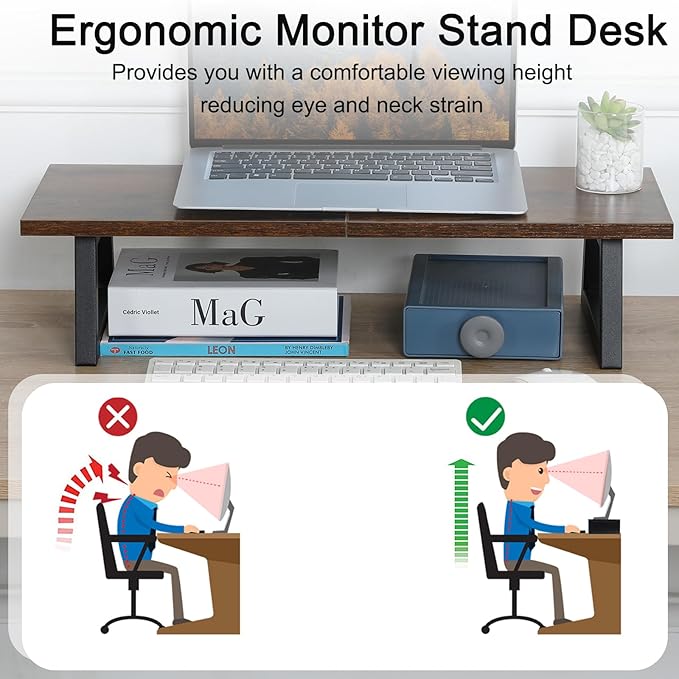 TEAMIX 24 inch Monitor Stand Riser, Rustic Brown Wood & Steel Computer Monitor Stand with Storage, Laptop, PC, Printer Stand Riser for Desktop Office Desk Organizers-DeskLoop Office