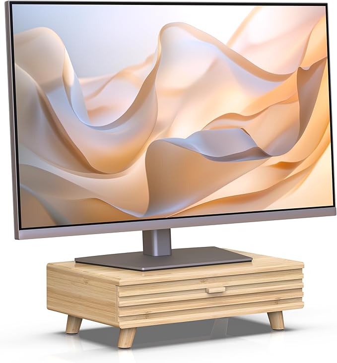 Bamboo Monitor Stand with Drawer - Desk Organizer with Cable Management & Storage, Ergonomic Laptop Riser for Home Office (220lbs Capacity, 15.7 inch ,Natural)-DeskLoop Office