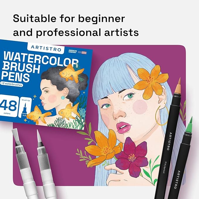 ARTISTRO 48 Watercolor Markers with Flexible Paint Brush Pens for Pros & Beginners - Consistent, Smooth, Bright, Washable, Non-Toxic, Ideal for Coloring, Calligraphy, & Manga-DeskLoop Office