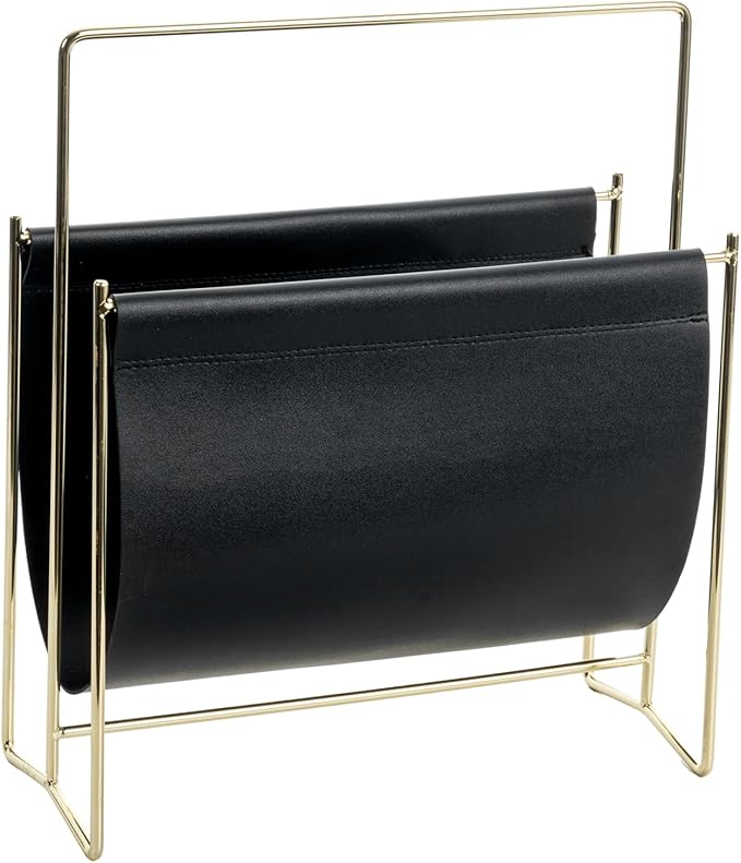 MyGift 13 Inch Modern Black Leatherette Magazine Holder Floor Standing Sling Style Rack with Gold Tone Metal Frame-DeskLoop Office