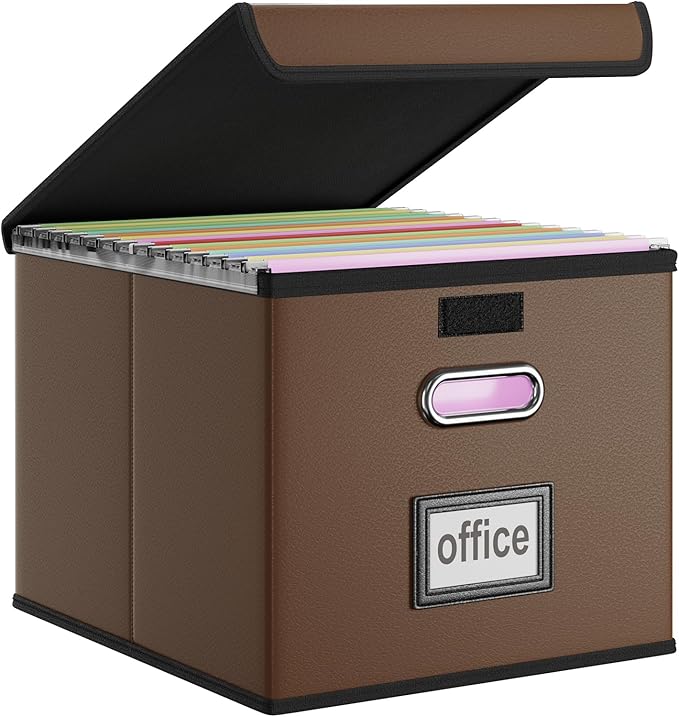 Huolewa Faux Leather File Organizer Box with Lid, Collapsible Hanging File Folder Box Organizer with Plastic Slides, Decorative Home/Office Filing Boxes for File and Folder Storage - Dark Brown-DeskLoop Office
