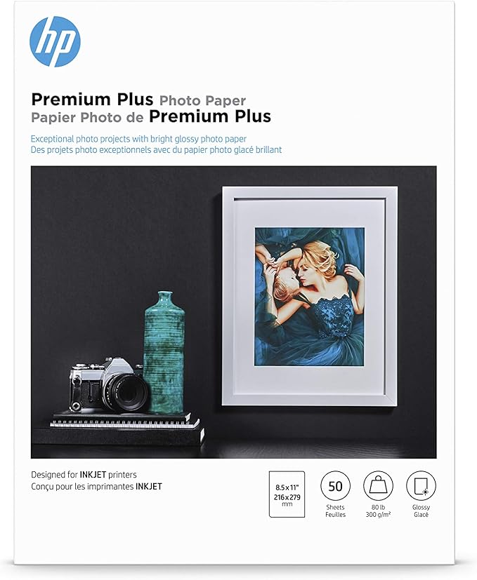 HP Premium Plus Photo Paper, Glossy, 8.5x11 in, 50 sheets (CR664A), White, Pack 1-DeskLoop Office