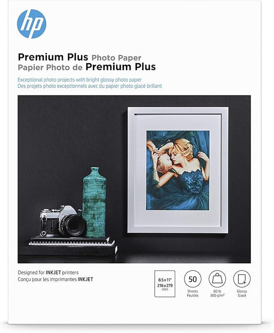 HP Premium Plus Photo Paper, Glossy, 8.5x11 in, 50 sheets (CR664A), White, Pack 1-DeskLoop Office