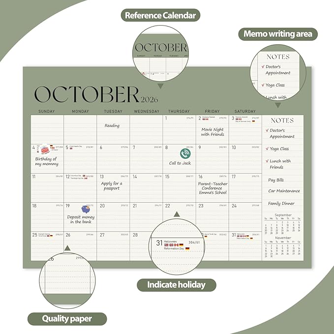Calendar 2025-2026, Monthly Desktop Large Calendar (July 2025 - December 2026) Desk Wall Planner for Family Office Teacher School, 17" x 12" Green-DeskLoop Office