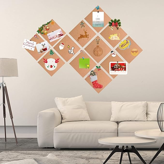 SUNGIFT Cork Board 12"x12" - 1/2" Thick Square Bulletin Boards 12 Pack Cork Tiles with 100 PCS Push Pins Mini Wall Self-Adhesive Corkboards Tiles for Wall-DeskLoop Office