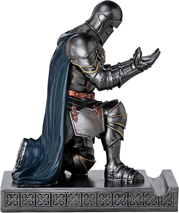 Medieval Armored Warrior Wearing Outerwear, Mobile Phone Stand Knight Pen Holder Desk Organizers, Resin Bookends Paperweight with a Letter Opener for Desk (Iron&Green)-DeskLoop Office