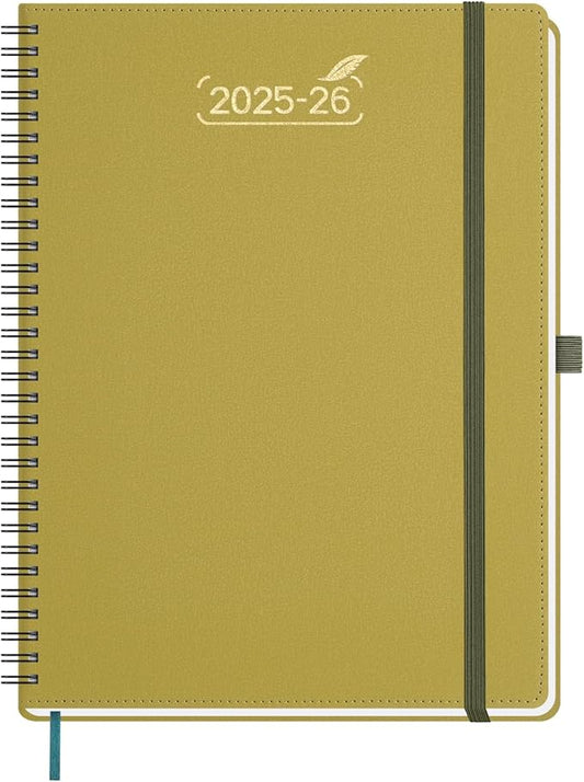 BEZEND Weekly Planner 2025-2026 with 2 Columns, 8.5" x 11" Academic Calendar 18 Months (Jul 25-Dec 26) Life Work Appointment Book with Monthly Tab, PU Leather Softcover Spiral - Mustard-DeskLoop Office
