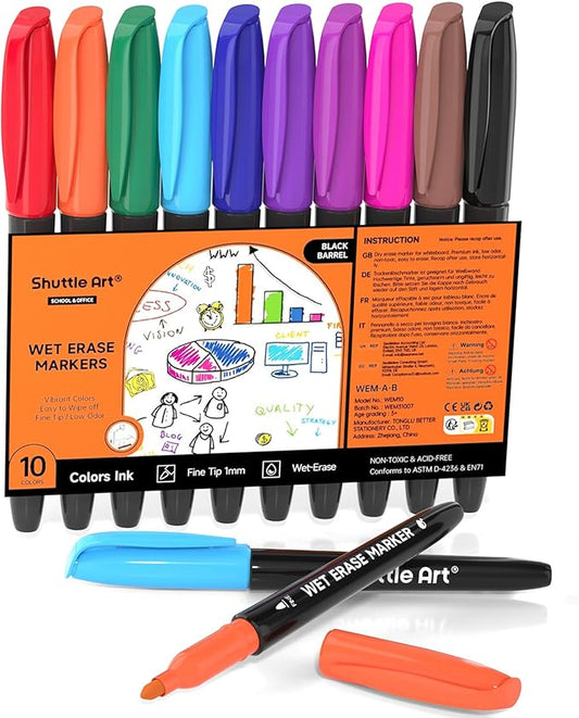 Shuttle Art Wet Erase Markers, 10 Colors 1mm Fine Tip Smudge-Free Markers, Use on Laminated Calendars, Overhead Projectors, Schedules, Whiteboards, Transparencies, Glass, Wipe with Water-DeskLoop Office