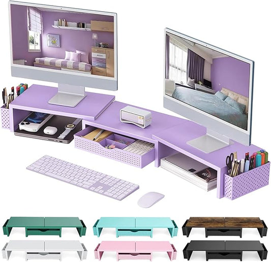 gianotter Dual Monitor Stand Riser, Desk Organizer With Drawer and 2 Pen Holders, Desk Organizers and Accessories, Purple Office Decor (Purple)-DeskLoop Office