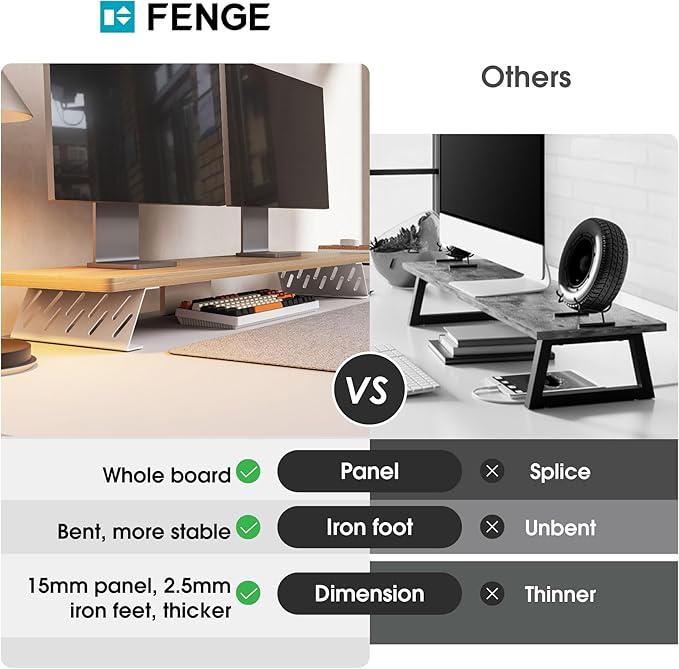 Fenge Dual Monitor Stand Riser, 42.5 Inch Desk Top Shelf for 2 Monitors, Computer Stands for Desk, Wood & Steel Desktop Riser for Laptop, PC, Printer-DeskLoop Office