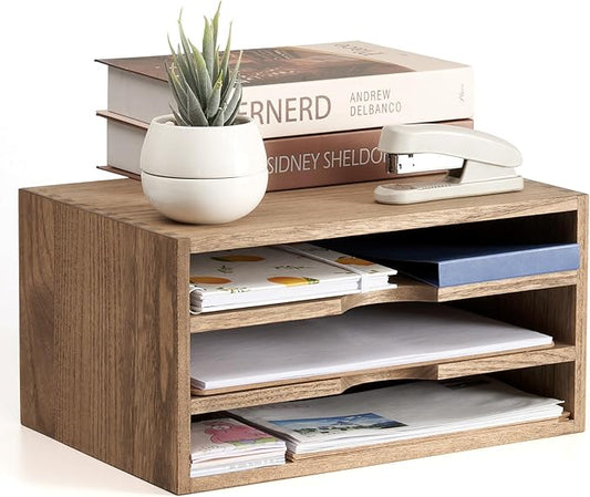 KIRIGEN Wooden Desktop Organizer Paper Storage Letter Tray File Sorter - Desk Rack Magazine File Dividers Holders for Home Office Accessories with 3 Layer Trays Dark Brown (3KWJG-DBR)-DeskLoop Office