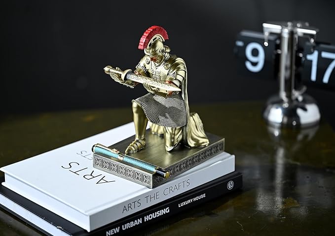 Roman Praetorian Prefect Warrior Knight Pen Holder Desk Ornament Resin Praetorian Guard Mobile Phone Stand Desk Accessories and Organizer for Office with a Letter Opener (Bronze)-DeskLoop Office