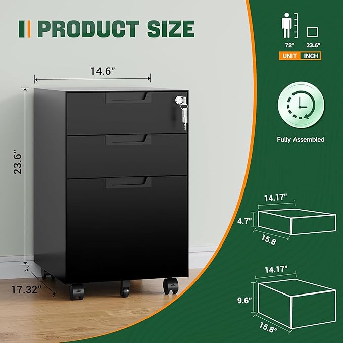 Letaya 3 Drawer Mobile File Cabinet with Lock,Under Desk Metal Small Filing Cabinets for Home Office Organizer Letters/Legal/A4(Fully Assembled Except Wheels-Black)-DeskLoop Office