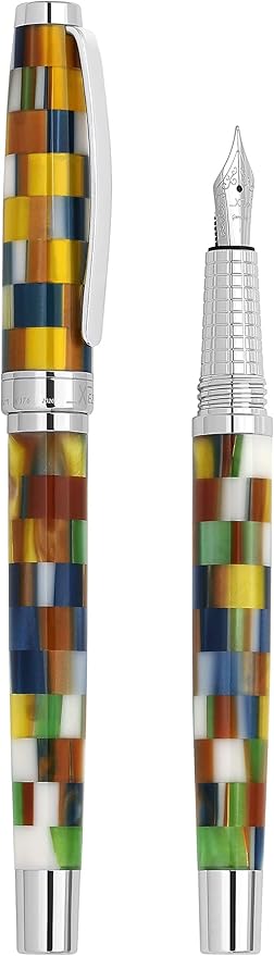 Xezo Urbanite II Fountain Pen, Fine Nib. Jazzy Multicolor Checkered Acrylic on Brass. Chrome Plated. Handcrafted, Limited Edition, Serialized-DeskLoop Office