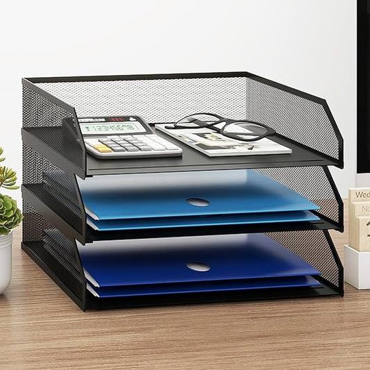Natwind 3-Tier Stackable Paper Tray, Metal Mesh Desktop Organizer, A4 Desk Organizer, Stackable Letter Trays, File Folder Sorter Organizer with Sliding Tray for Home, Office, School (Black)-DeskLoop Office
