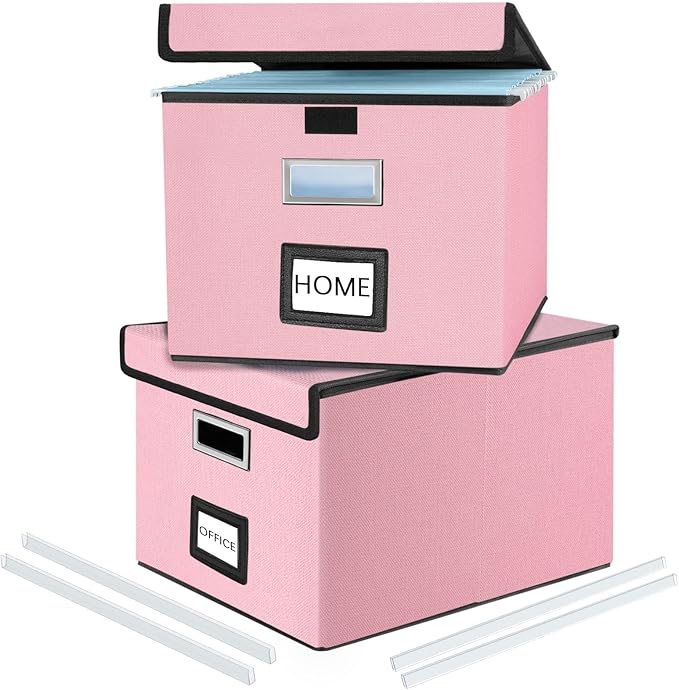 Huolewa Collapsible File Storage Organizer Boxes with Lids, Linen Document Storage, Universal Hanging Filing Organization Boxes for Letter/Legal, Decorative Office/Home File Bins - Boxes Only(2 Pack)-DeskLoop Office