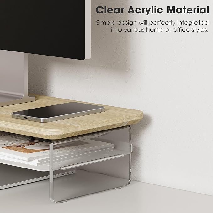 Fenge Acrylic Monitor Stand Riser, 23.6 Inches Monitor Stand with Metal Storage, 2 Tier Acrylic Computer Riser for Desk, Clear Laptop Stand for PC, Laptop, Printer, TV-DeskLoop Office