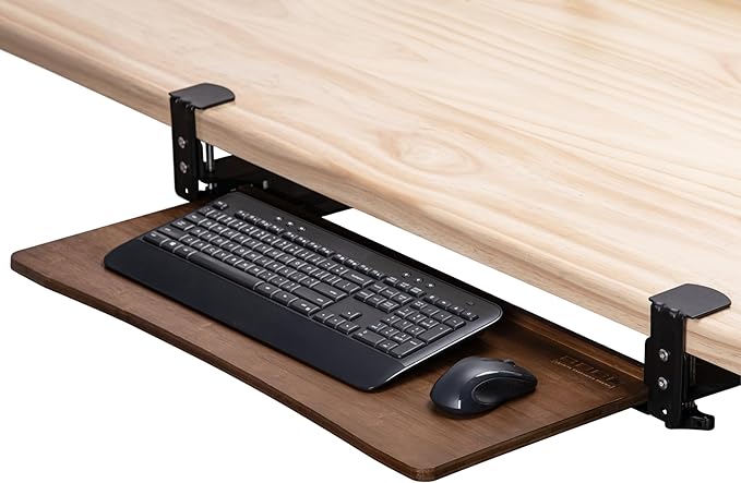 D'vine Dev Under Desk Keyboard Tray with Wrist Rest Bamboo Wood Keyboard Drawer with Full Size Mouse Pad, Walnut Color, KBT-2-DeskLoop Office