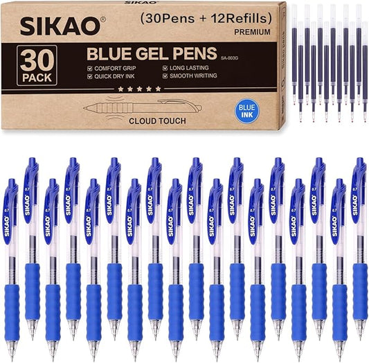 Blue Gel Pens Bulk 30 Pack Blue Pens Fine Point Smooth Writing No Smudge, CLOUD TOUCH Grip 0.7mm Gel Ink, Retractable Rollerball Pens for Server Office School, Lapiceros (BLUE)-DeskLoop Office