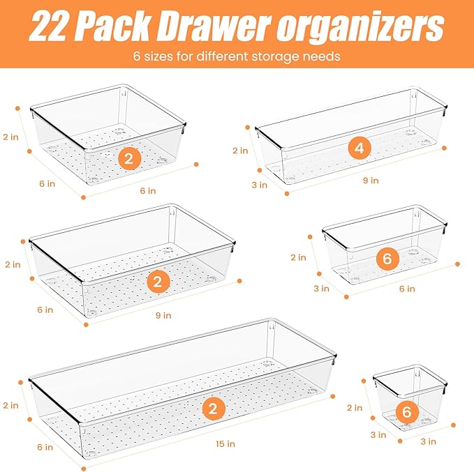 Criusia 22 Pcs Drawer Organizer Bins, Acrylic Non Slip Kitchen Drawer Organizers Storage Tray Divider, Multifunctional Storage for Cosmetics, Bathroom, Tools, Kitchen and Office-DeskLoop Office