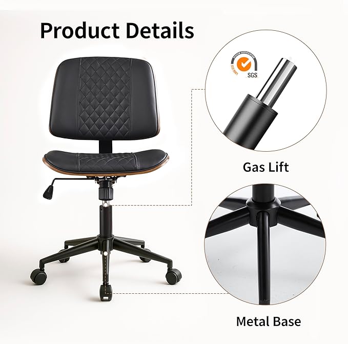 Small Home Office Chair - Armless Mid Back Desk Chair with 360° Swivel and Wheels, PU Upholstered Height Adjustable Modern Walnut Computer Chair for Home, Office Meeting Room - Black-DeskLoop Office