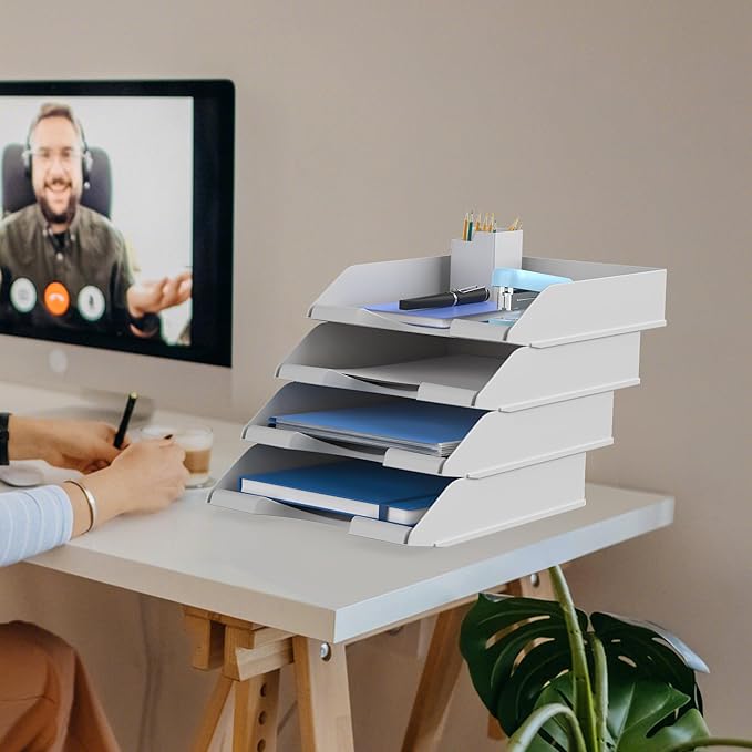 4 Pack Stackable Paper Trays for Letter Documents, Desktop File Organizers for Office Supplies, Stackable Desk Tray Holder for Paper Storage, Gray-DeskLoop Office