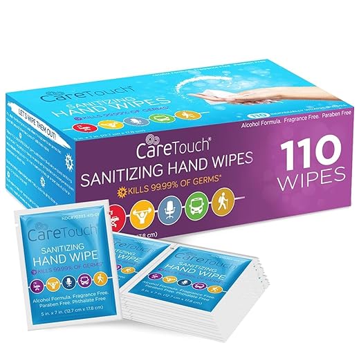 Care Touch Hand Sanitizer Wipes - 110 Hand Wipes Individually Wrapped - Travel Size - Sanitizing Wet Wipes for Home, Office & Outdoor Use-DeskLoop Office