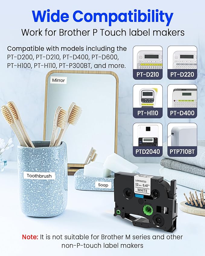 Airmall Replace for Brother Label Maker Tape TZe-231 TZe TZ Tape 12mm 0.47 Inch Laminated White TZe231 Black on White Compatible with Brother P-Touch 1/2" PT-D210 D220 H110 D400 D410 1280, 10-Pack-DeskLoop Office