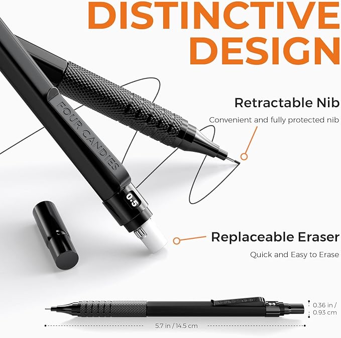 Four Candies 2PCS Metal Mechanical Pencils Set with Case, 0.5mm & 0.7 mm Artist Pencil with 6 Tubes (360PCS) HB Lead Refills, 3 Erasers,9 Eraser Refills For Writing Drafting, Drawing, Black-DeskLoop Office