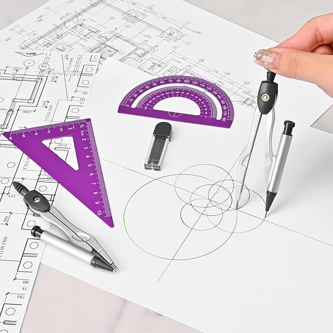 6 Pcs Metal Geometry Set, Math Geometry Kit, Metal Ruler Set and Compass Geometry Tool, Rulers Protractor and Compass Set for Student School and Drawings Supplies (Purple)-DeskLoop Office