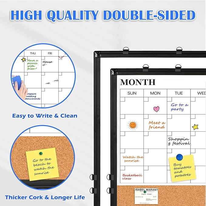 Monthly Calendar Whiteboard Dry Erase Cork Board Combo for Wall, 36" x 24" Magnetic Double-Sided Calendar White Board and Bulletin Board, Portable Board for Office, Kitchen, School, Home-DeskLoop Office