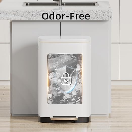 KUK 13 Gallon Kitchen Trash Can with Lid, 50L/13Gal Office Step Garbage Can for Home, Kitchen, Laundry Room, Office, Brushed Stainless Steel, White-DeskLoop Office