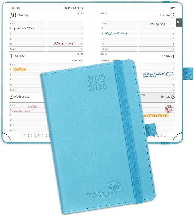 POPRUN Pocket Planner 2025-2026 (Purse Size 4'' x 6.25'') Academic Purse Calendar (July 2025 - June 2026) with Hourly Time Slots, 100GSM Thick Papers, Leather Soft Cover - Blue Green-DeskLoop Office