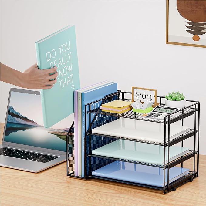 Marbrasse Desk Organizer and Accessories,4-Tier Paper Letter Tray Organizer with File Holder,Desk Accessories & Workspace Desktop Organizers for School Home Office Supplies (Black)