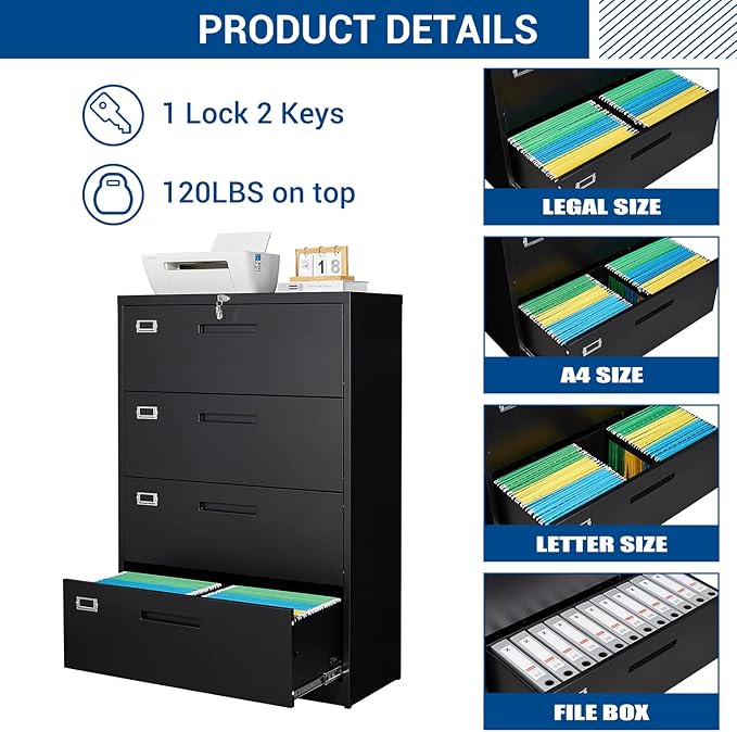 Lateral File Cabinet with Lock, 4 Drawer Large Metal Filing Cabinet,Home Office Lockable Storage Cabinet for Hanging Files Letter/Legal/F4/A4 Size-Assembly Required