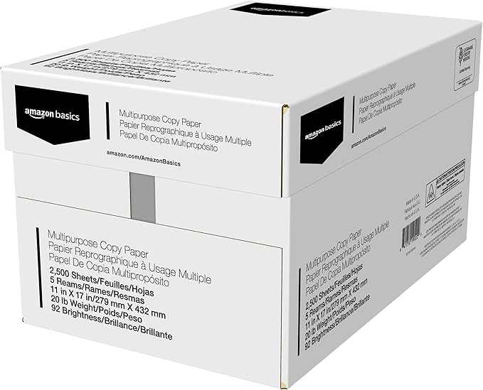 Amazon Basics Multipurpose Copy Printer Paper, 20 lb, 11 x 17 Inches, 5 Reams (2,500 Sheets), 92 Bright, White-DeskLoop Office