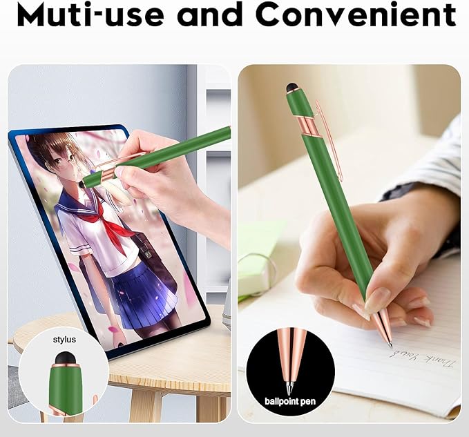 12 PCS 2 in 1 Stylus Ballpoint Pen with Stylus Tip, 1.0 mm Black Ink Metal Pen Stylus Pen for Touch Screens (Light Green)-DeskLoop Office