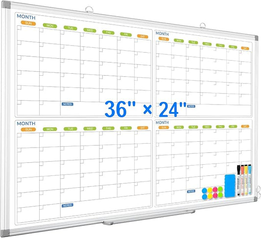 Dry Erase Calendar Whiteboard for Wall, 36" x 24" Magnetic Planner, Silver Aluminum Frame 4 Month Board for Office Home and School-DeskLoop Office