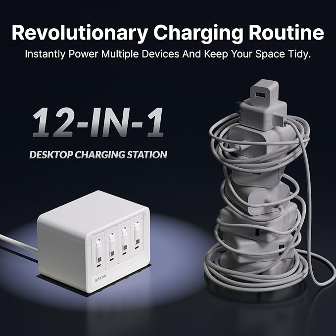12-in-1 Desktop Charging Station with 4 Retractable Wall Chargers, 40W USB-C Power Strip with 4 AC, 4 USB C, 4 Type-C 31.5in Cables, Extension Cord with 1020J Surge Protection for Home Office-DeskLoop Office