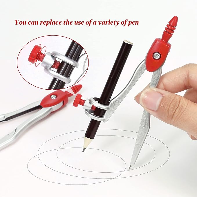 Math Geometry Kit Sets 10 Piece Student Supplies with Shatterproof Storage Box,Includes Rulers,Protractor,Compass,Eraser,Pencil Sharpener,Lead Refills,Pencil,for Drafting and Drawings(Red)-DeskLoop Office