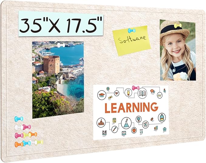 Bulletin Board - 35 x 17.5 inches Decorative Felt Pin Board - Cork Board Alternative for Wall - Foldable Photo Board Self-Adhesive Prayer Board with 20 Pushpins - Oatmeal-DeskLoop Office