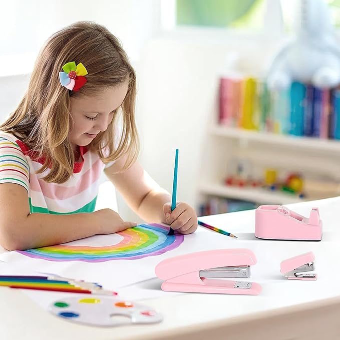 Office Desk Accessories, Pink Office Supplies Set Desk Accessories for Women, Cute Office Supplies with Stapler, Mini Stapler, Staple Remover, Tape, Clips, Scissor and Tabs, Stationary Set for Student-DeskLoop Office