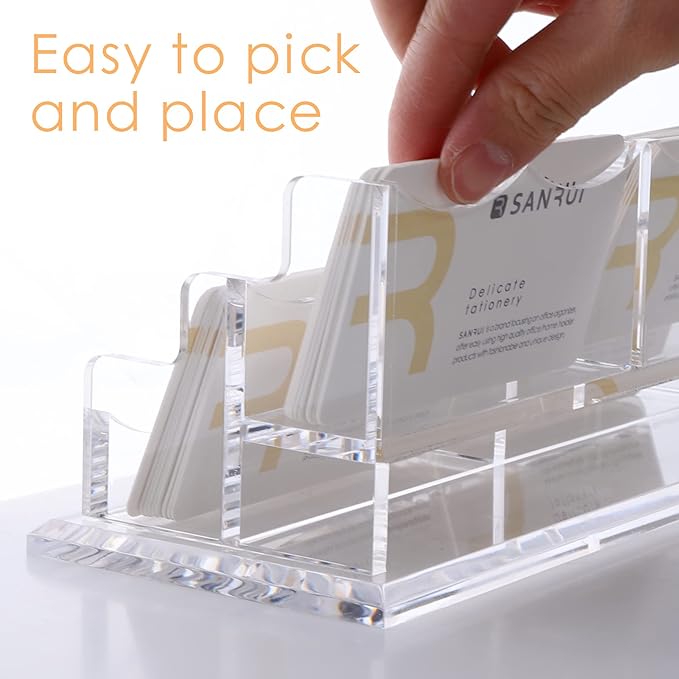 SANRUI Clear Horizontal Business Card Holder Stand for Desk, Acrylic Desktop Display Name Cards Holders Organizer Storage Rack,for Exhibition, Home , Office ,2 Tier 4 Pocket, 240 Card Capacity-DeskLoop Office