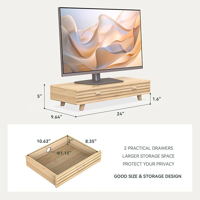 Bamboo Monitor Stand with Drawer - Desk Organizer with Cable Management & Storage, Ergonomic Laptop Riser for Home Office (220lbs Capacity, 24 inch ,Natural)-DeskLoop Office