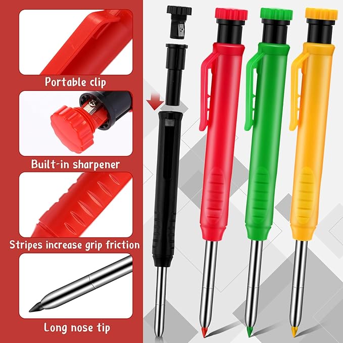 8 pack 2.8mm Mechanical Carpenter Pencils with 48 Refills, Construction Pencils with Built-in Sharpener, Long Nib Deep Hole Marker, Heavy Duty Woodworking Tools(Black+yellow+red+green)-DeskLoop Office