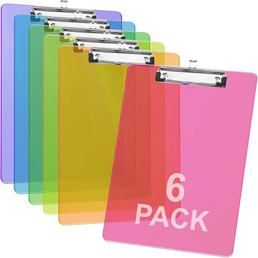 Plastic Clipboards, 6 Assorted Colors Transparent Clip Boards, A4 Letter Size 12.5 x 9 Inch, Low Profile Clip, Office, School Supplies for Students, Teachers, Nurses-DeskLoop Office