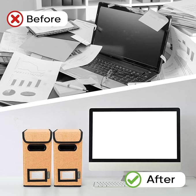 BALEINE File Organizer Box with Lid, Collapsible File Folder Organizer with Plastic Slide, Hanging File Folder Box for Office Document Storage (2 Pack, Orange, S)-DeskLoop Office