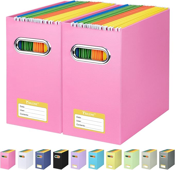 BALEINE File Organizer Box, Cardboard File Folder Organizer with Handle for Letter Size, Portable Collapsible Hanging Filing Box for Home Office Document Storage (2 Pack, Pink)-DeskLoop Office