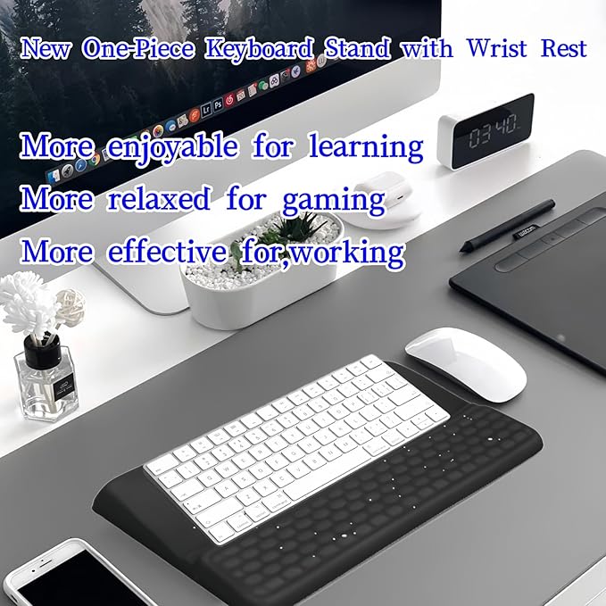 Ergonomic one-Piece Computer Keyboard Stand with Wrist Rest for Desktop Offers Two Support Angles. Silky Lycra Surface and Memory Foam Comfortable Hand Support (Black Star)-DeskLoop Office