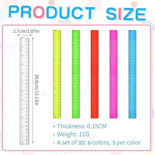 Zonon 30 Pcs 12 Inch Plastic Ruler Assorted Colors Ruler Bulk with Centimeters Millimeter and Inches Rulers First Day of School Gift for Kids School Classroom Office Supplies(Bright Color,Plastic)-DeskLoop Office